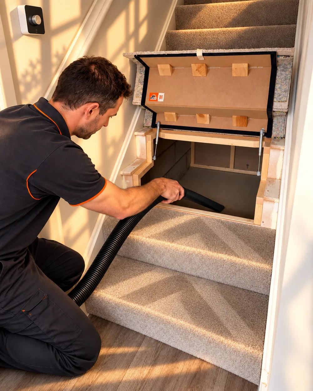 Edited campaign photograph of a man carefully vacuuming inside the open Shoe Hole storage