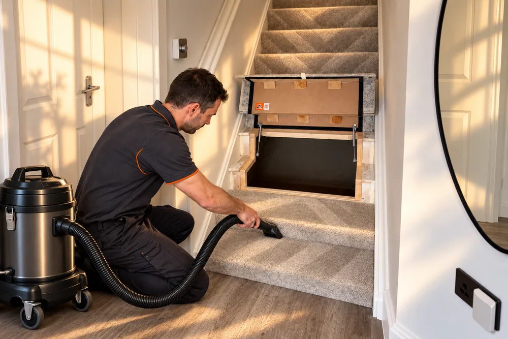 Edited campaign photograph of a man hoovering a carpeted stair while a real Shoe Hole installation stands open behind it