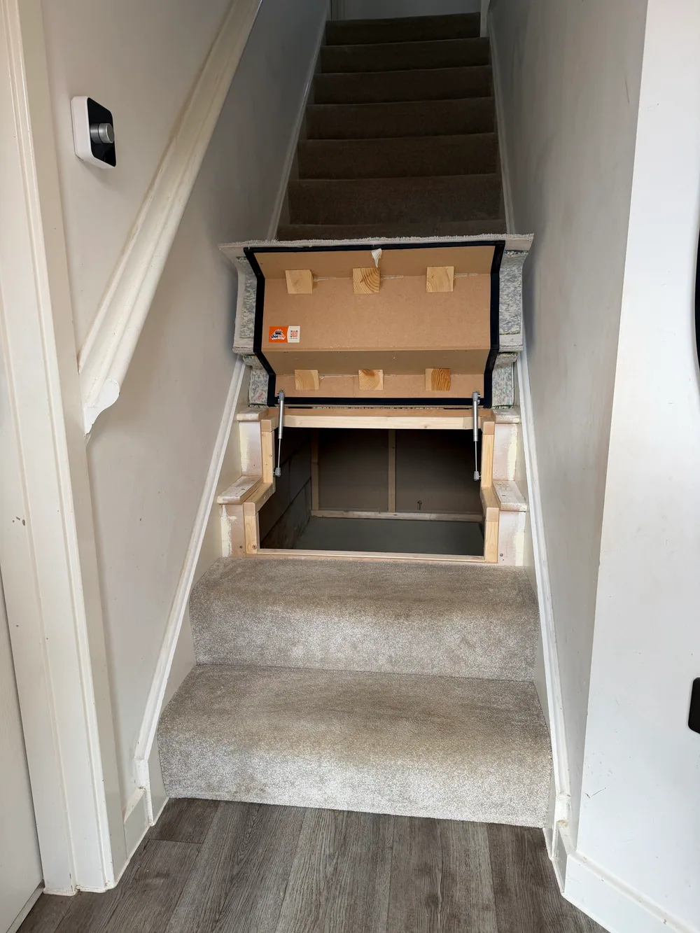 Original photograph: the joined carpeted Shoe Hole steps raised to reveal storage